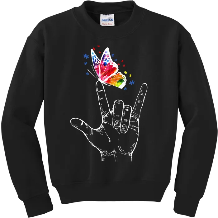 I Love You Hand Sign Language Butterfly Autism Awareness Kids Sweatshirt