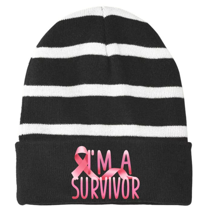 I'm a Survivor Breast Cancer Awareness Striped Beanie with Solid Band