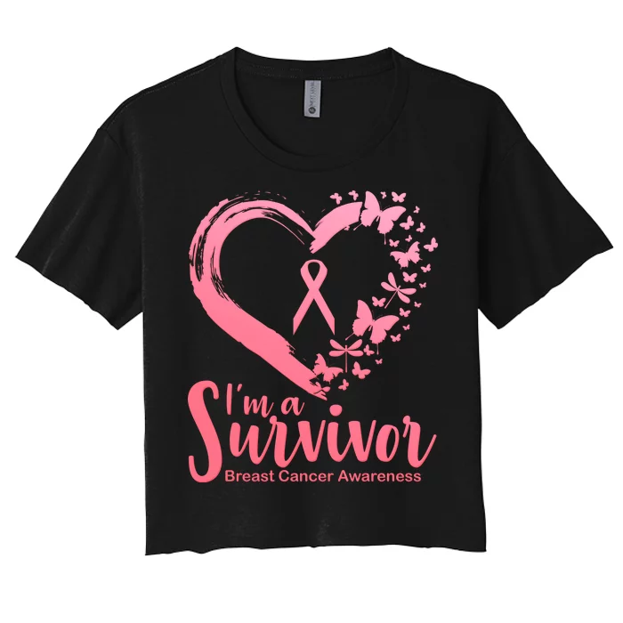 I'm a Survivor Breast Cancer Awareness Butterfly Women's Crop Top Tee