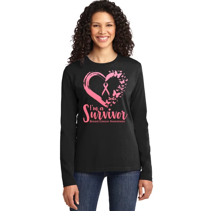 I'm a Survivor Breast Cancer Awareness Butterfly Ladies Long Sleeve Shirt