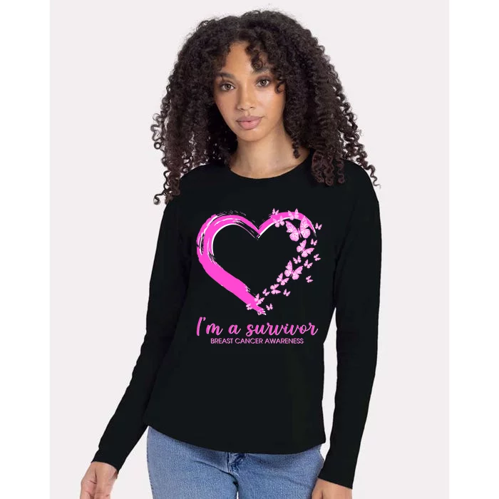 I'm a Survivor Breast Cancer Awareness Butterfly Heart Womens Cotton Relaxed Long Sleeve T-Shirt