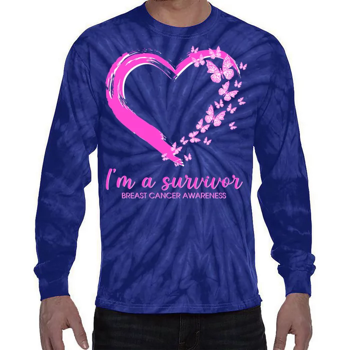 I'm a Survivor Breast Cancer Awareness Butterfly Heart Tie-Dye Long Sleeve Shirt