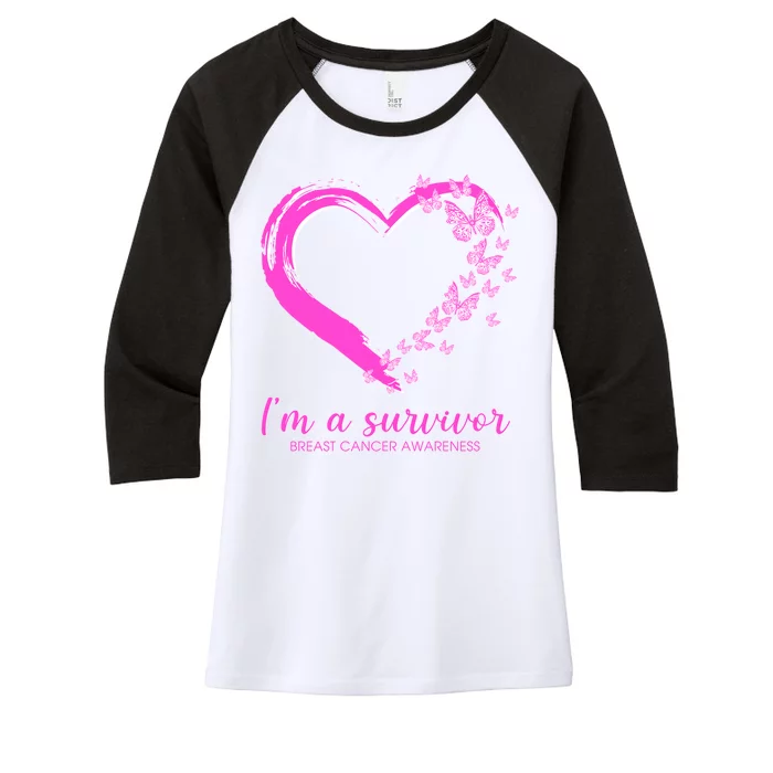 I'm a Survivor Breast Cancer Awareness Butterfly Heart Women's Tri-Blend 3/4-Sleeve Raglan Shirt