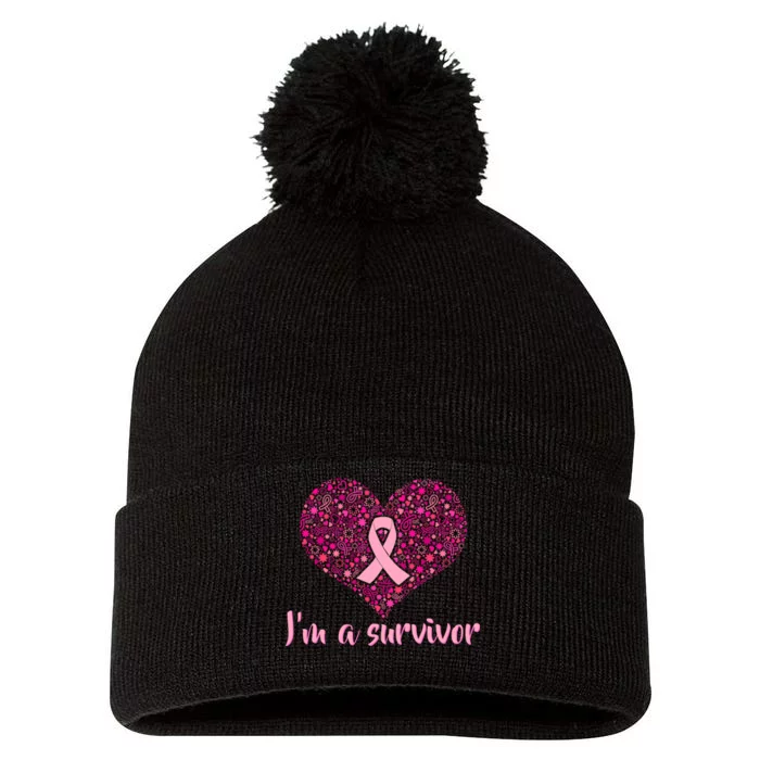 I'm A survivor Breast Cancer Awareness Heart Pom Pom 12in Knit Beanie