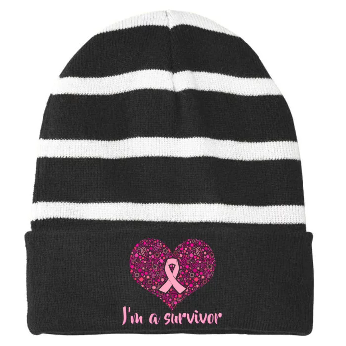 I'm A survivor Breast Cancer Awareness Heart Striped Beanie with Solid Band