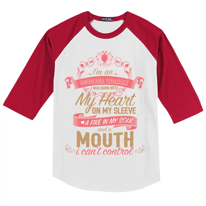 I'm An October Woman Heart Fire Soul Kids Colorblock Raglan Jersey