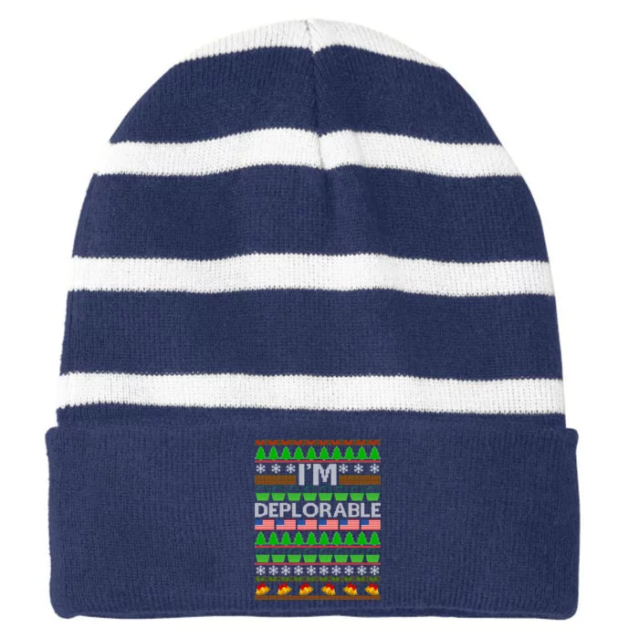 I'm Deplorable Donald Trump Ugly Christmas Sweater Design Striped Beanie with Solid Band