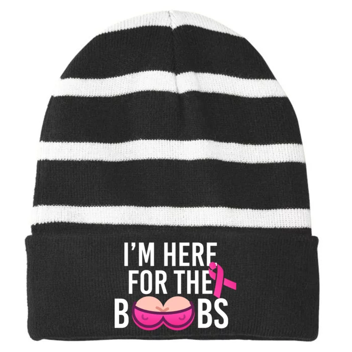 I'm Here For The Boobs Breast Cancer Striped Beanie with Solid Band