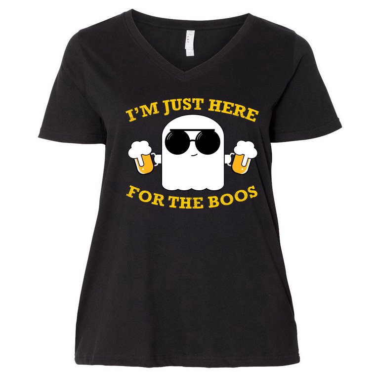 I'm Just Here for the Boos Funny Halloween Beer Ghost Emoji Women's V-Neck Plus Size T-Shirt