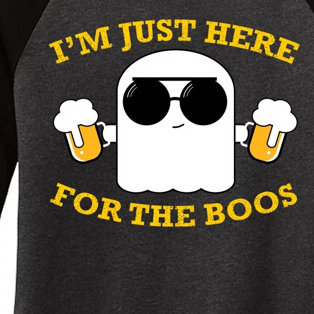 I'm Just Here for the Boos Funny Halloween Beer Ghost Emoji Women's Tri-Blend 3/4-Sleeve Raglan Shirt