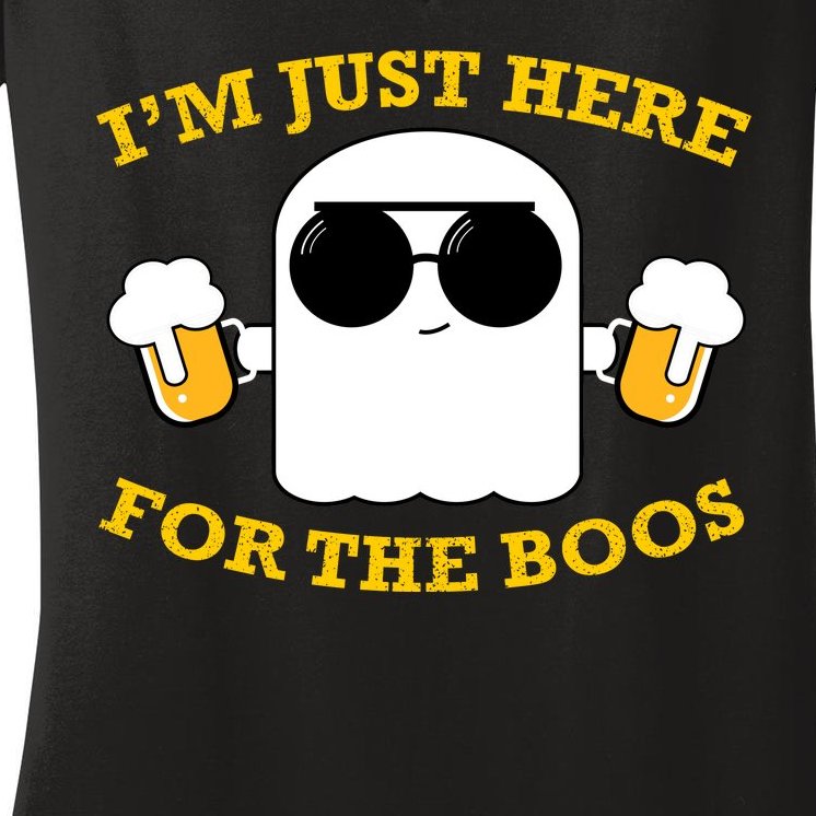 I'm Just Here for the Boos Funny Halloween Beer Ghost Emoji Women's V-Neck T-Shirt