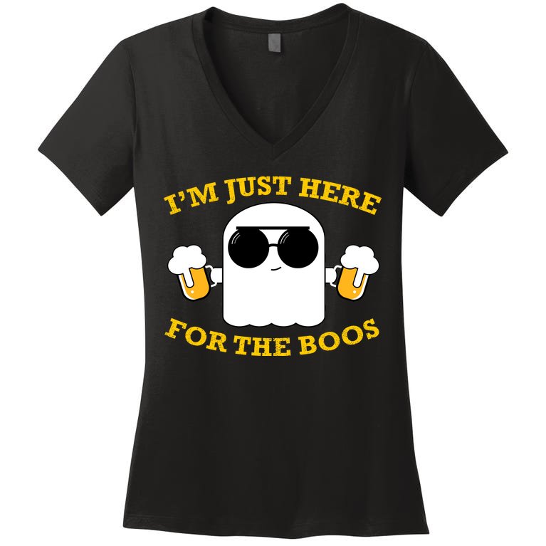 I'm Just Here for the Boos Funny Halloween Beer Ghost Emoji Women's V-Neck T-Shirt