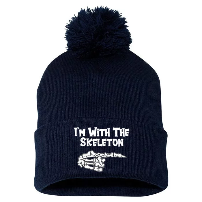 I'm With The Skeleton Funny Halloween Pom Pom 12in Knit Beanie