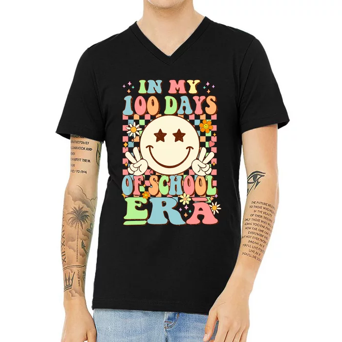 In My 100 Days Of School Era Retro Groovy V-Neck T-Shirt