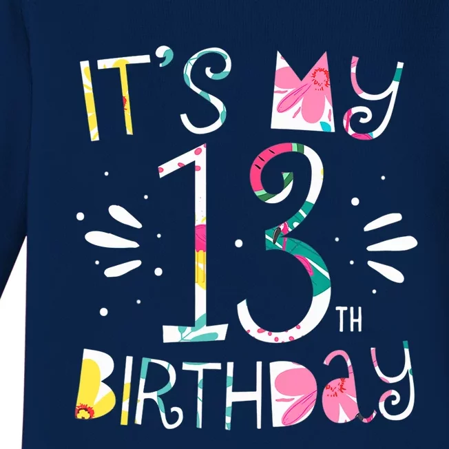 It's My 13th Birthday Tropical Floral 13 Year Old Girl Baby Long Sleeve Bodysuit