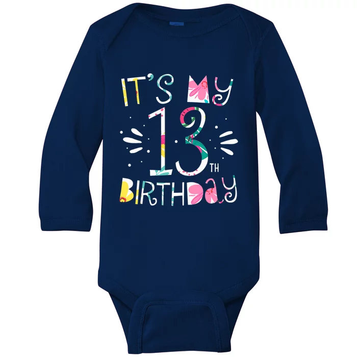 It's My 13th Birthday Tropical Floral 13 Year Old Girl Baby Long Sleeve Bodysuit