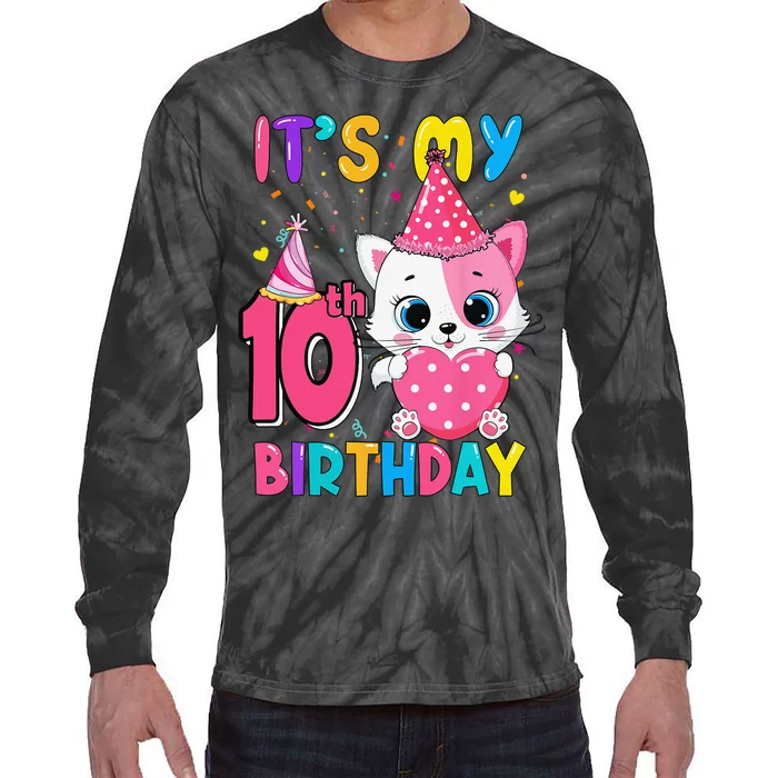 It's My 10th Birthday Funny Cat Birthday 10 Year Old Tie-Dye Long Sleeve Shirt