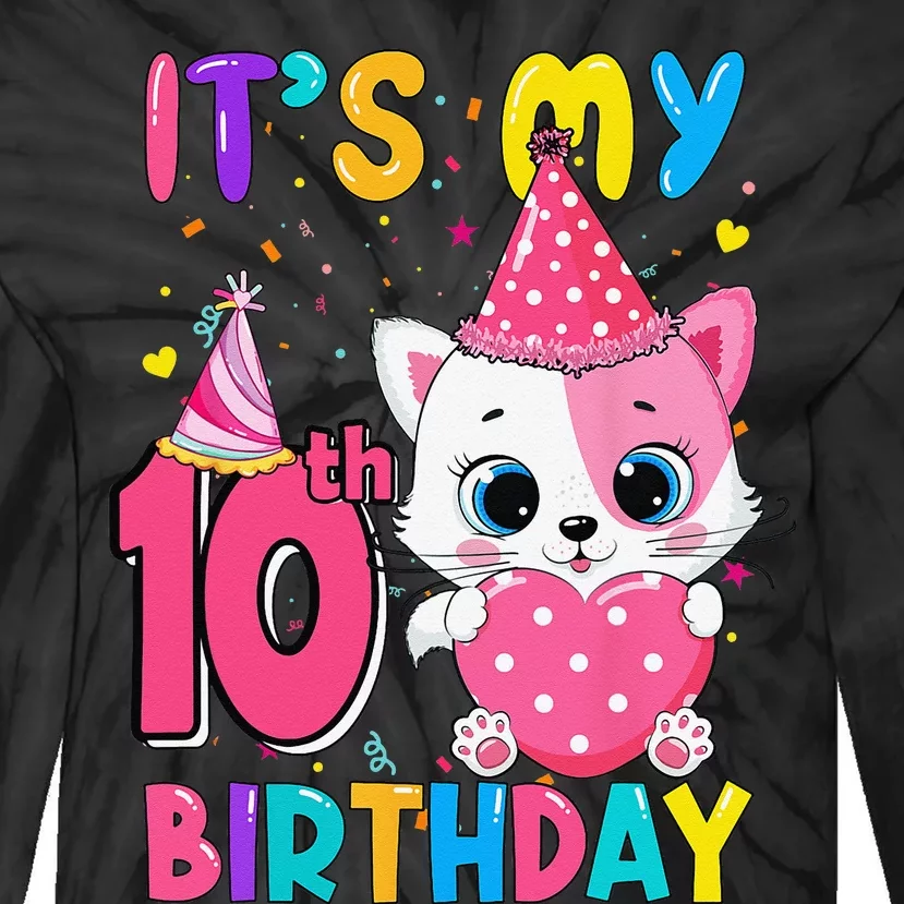 It's My 10th Birthday Funny Cat Birthday 10 Year Old Tie-Dye Long Sleeve Shirt