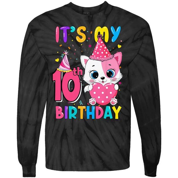 It's My 10th Birthday Funny Cat Birthday 10 Year Old Tie-Dye Long Sleeve Shirt