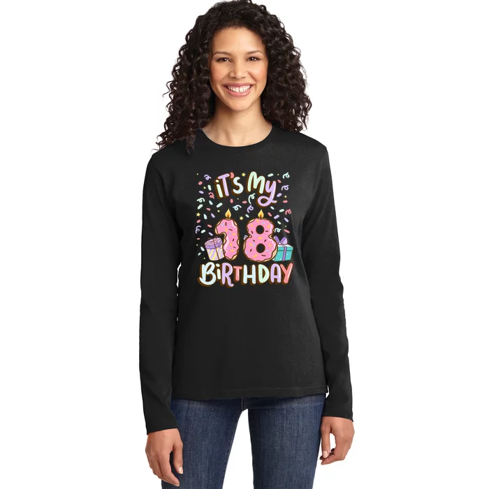 ItS My 18th Birthday Cake Donut 18 Year Old Confetti Ladies Long Sleeve Shirt