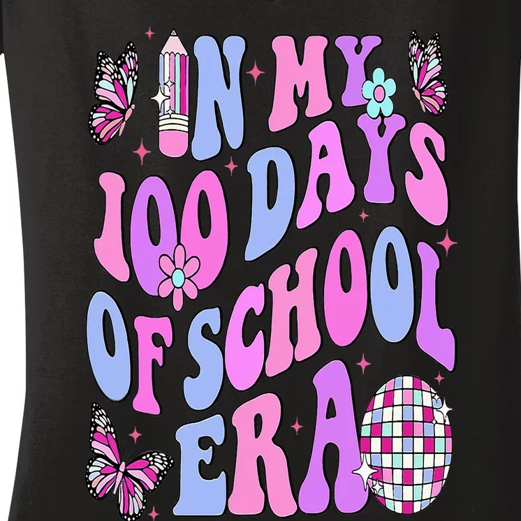 In My 100 Days Of School Era Retro Disco 100th Day Of School Women's V-Neck T-Shirt