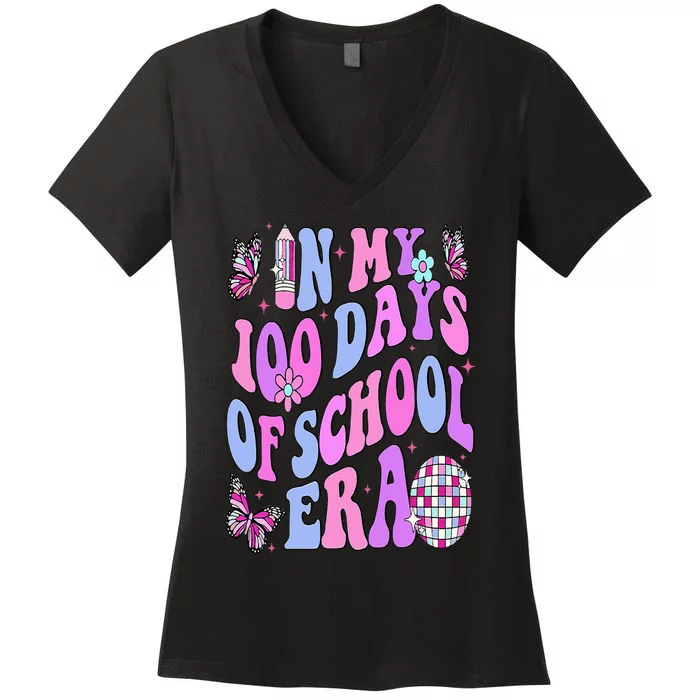 In My 100 Days Of School Era Retro Disco 100th Day Of School Women's V-Neck T-Shirt