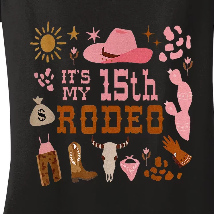 ItS My 15 Year Old 15th Birthday Rodeo Cow Women's V-Neck T-Shirt