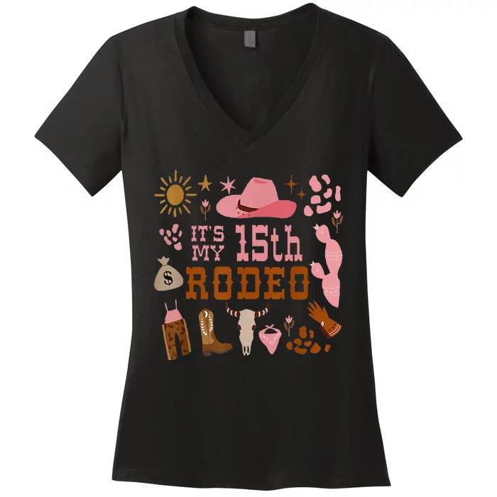 ItS My 15 Year Old 15th Birthday Rodeo Cow Women's V-Neck T-Shirt