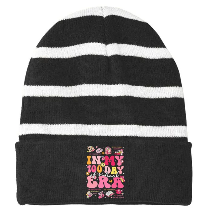 In My 100 Days Of School Era Groovy Retro Student Teacher Striped Beanie with Solid Band