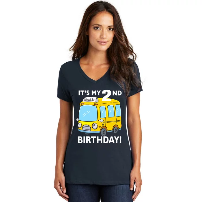 It's My 2nd Birthday School bus theme party 2 years old Women's V-Neck T-Shirt