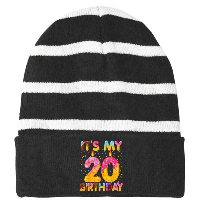 It's My 20th Birthday Sweet Donut 20 Years Old Funny Gift Striped Beanie with Solid Band