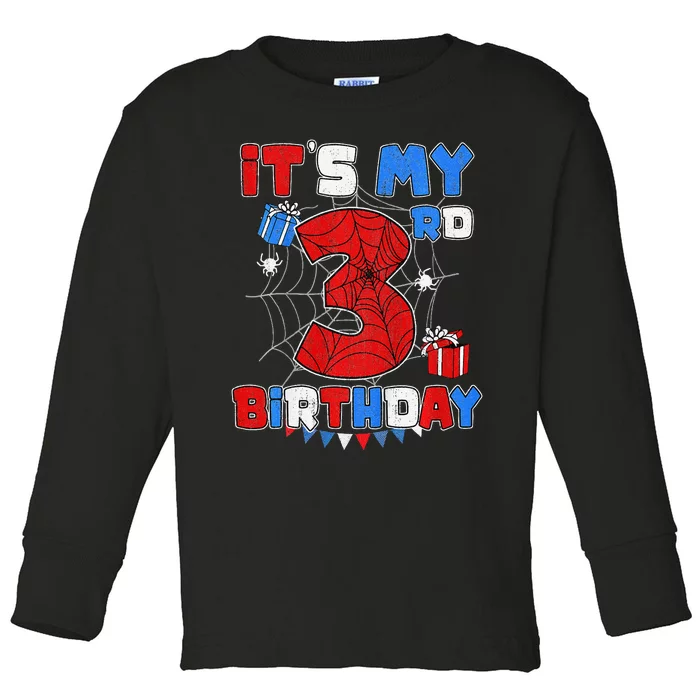 ItS My 3rd Birthday Spider Theme Party 3 Year Old Toddler Long Sleeve Shirt