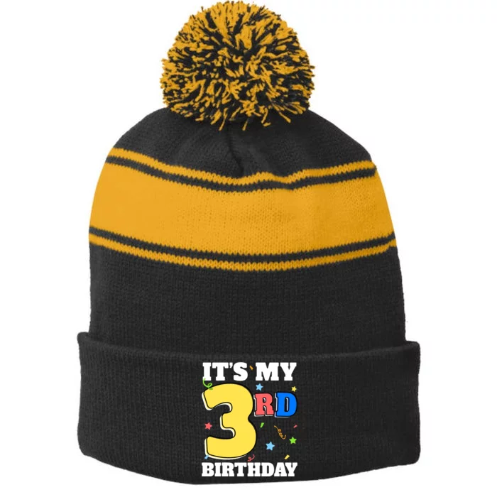 ItS My 3rd Birthday Boy 3 Girl Three Happy Birthday Stripe Pom Pom Beanie