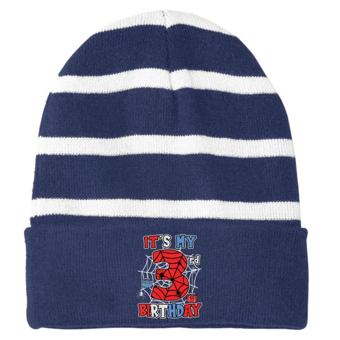 Its My 3rd Birthday Spider Theme Party 3 Year Old Boy Striped Beanie with Solid Band