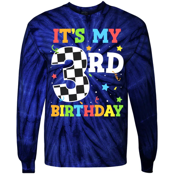 ItS My 3rd Birthday Boy 3 Two Racing Car Flag Race Car Tie-Dye Long Sleeve Shirt