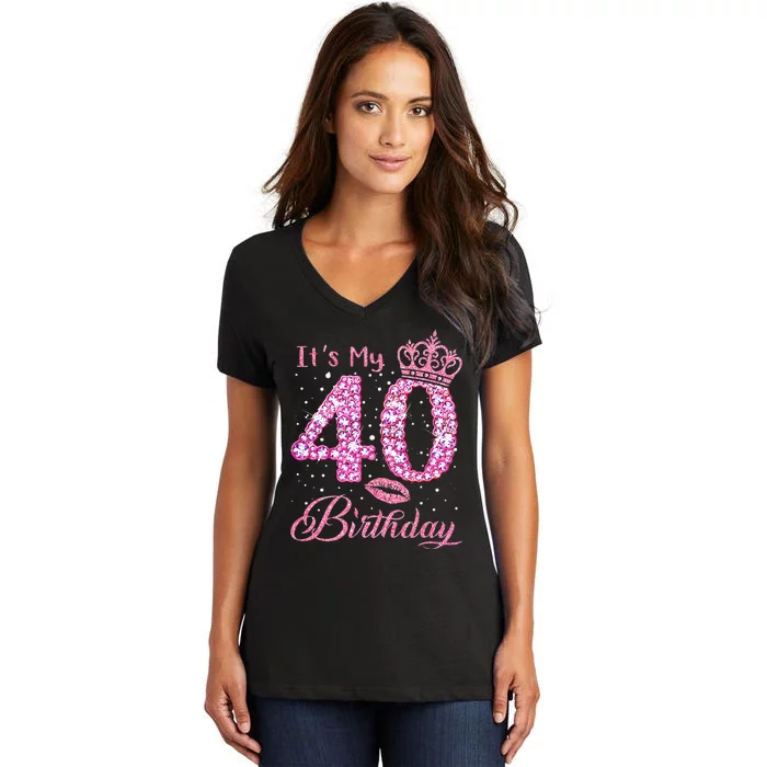 Its My 40th Birthday Queen 40 Years Old Shoes Crown Diamond Women's V-Neck T-Shirt