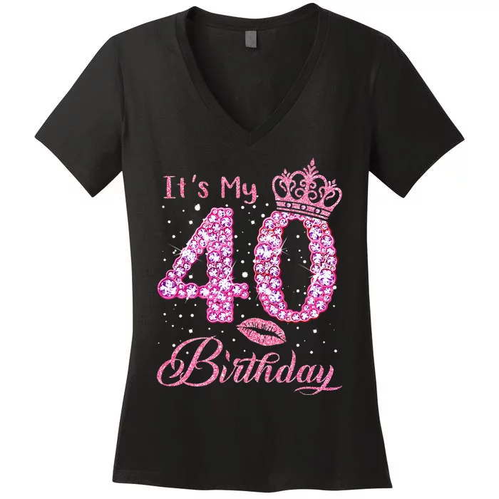 Its My 40th Birthday Queen 40 Years Old Shoes Crown Diamond Women's V-Neck T-Shirt