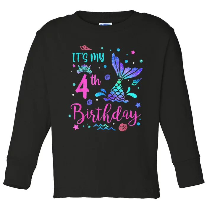 Its My 4th Birthday Mermaid Theme Party 4 Yrs Old Toddler Long Sleeve Shirt