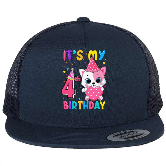 Its My 4th Birthday Funny Cat Birthday 4 Year Old Flat Bill Trucker Hat