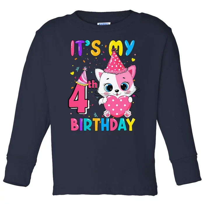 Its My 4th Birthday Funny Cat Birthday 4 Year Old Toddler Long Sleeve Shirt