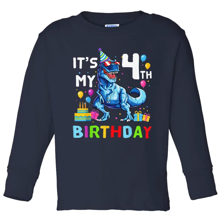 Its My 4th Birthday Happy 4 Year TRex Toddler Long Sleeve Shirt