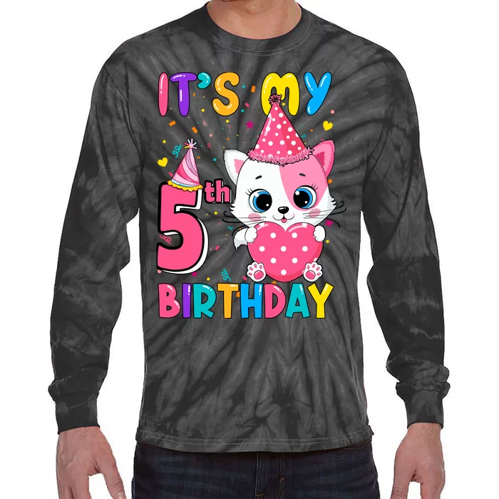 ItS My 5th Birthday Girl Funny Cat Birthday 5 Year Old Tie-Dye Long Sleeve Shirt