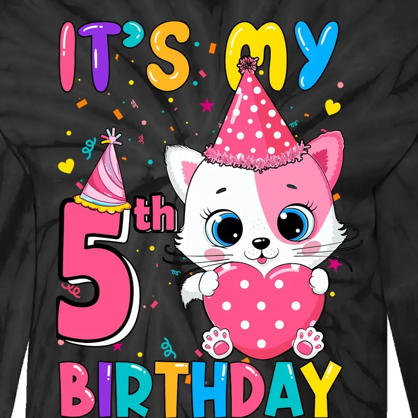 ItS My 5th Birthday Girl Funny Cat Birthday 5 Year Old Tie-Dye Long Sleeve Shirt