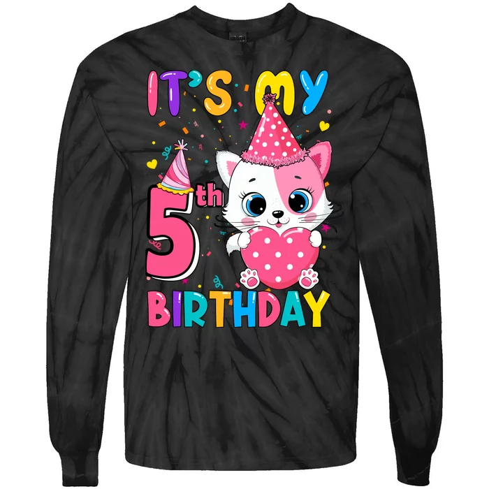 ItS My 5th Birthday Girl Funny Cat Birthday 5 Year Old Tie-Dye Long Sleeve Shirt