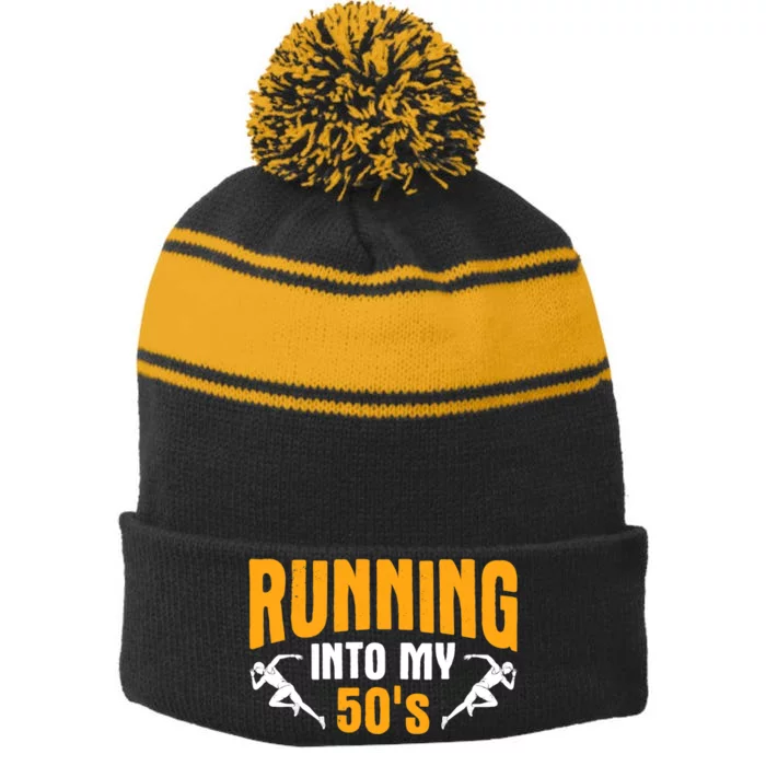 Into My 50s Marathon Track Runner Running Stripe Pom Pom Beanie