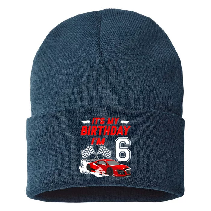 ItS My 6th Birthday Boy Race Car Racing 6 Years Old Sustainable Knit Beanie