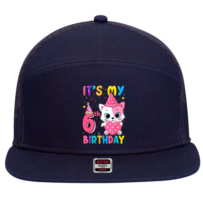 It's My 6th Birthday Girl Funny Cat Birthday 6 Year Old 7 Panel Mesh Trucker Snapback Hat