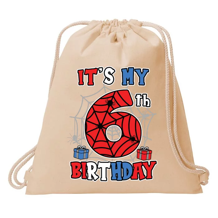 Its My 6th Birthday Spider Theme Party 6 Year Old Boy Drawstring Bag