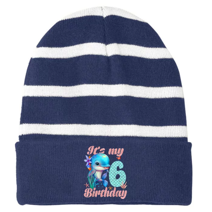 It's My 6th Birthday Dolphin Shark 6 Year Old Sea Fish Ocean Striped Beanie with Solid Band