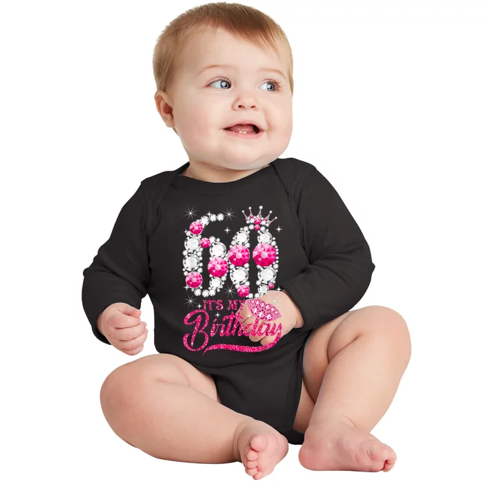 It's My 60th Birthday Cute Gift Queen 60 Years Old Shoes Crown Diamond Gift Baby Long Sleeve Bodysuit